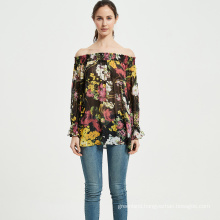 Women Recycled Polyester Chiffon Blouse Shirred Smocking Big Neck Off-shoulder and On-shoulder Floral Rpet Blouse